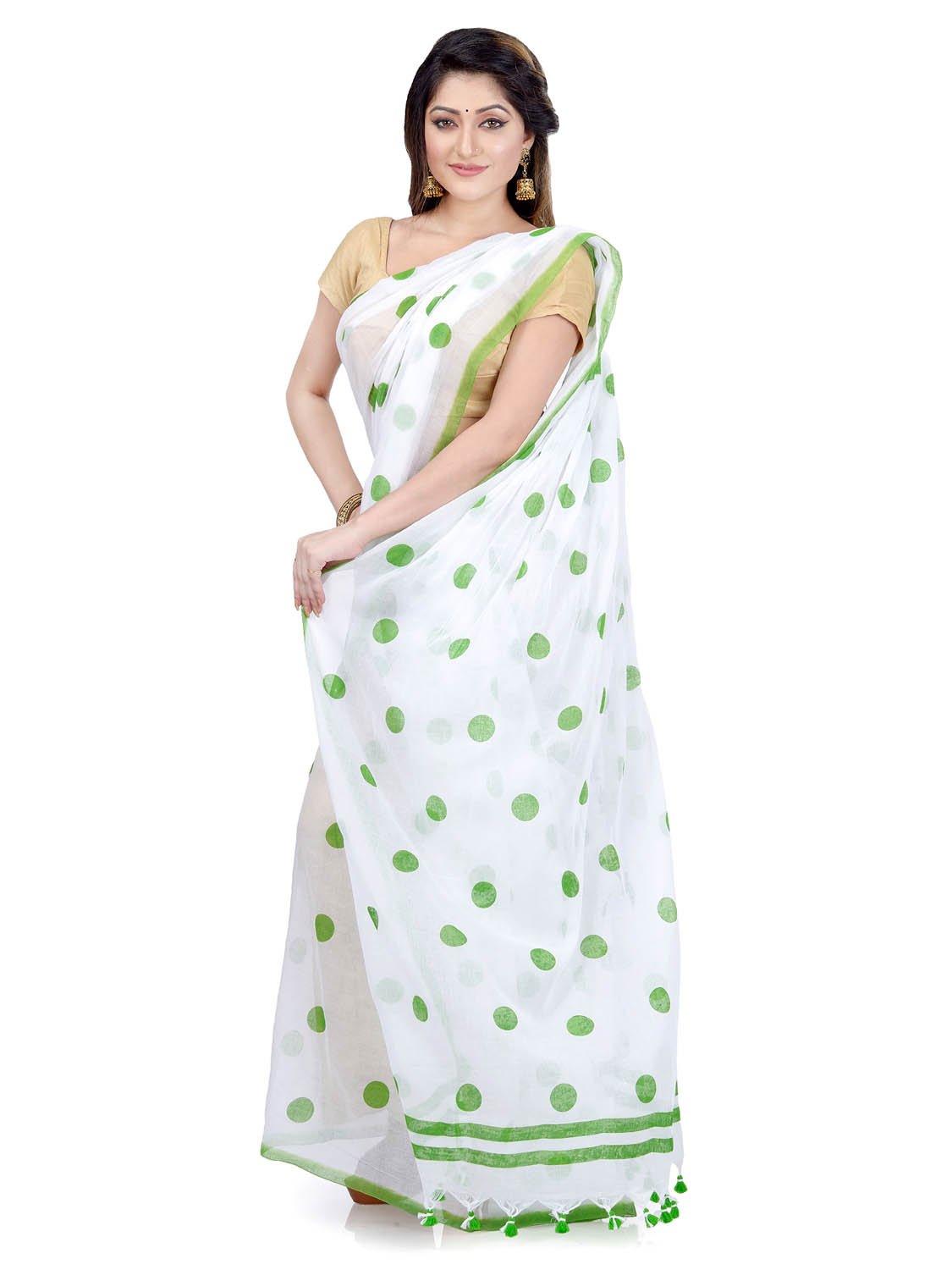 Women`s Traditional Hand Woven Malmal Bengal Handloom Pure Cotton Saree Without Blouse Piece (Green White)